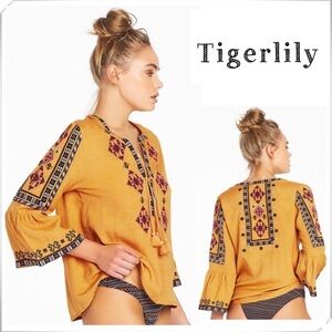 TIGERLILY Azar Persian Tapestries Embroidered Coverup Blouse Mustard Yellow Sz 2